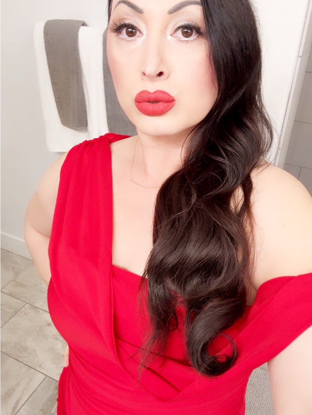 Red Draped Evening Gown